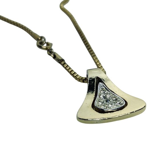 Vintage Gold Tone Box Chain Necklace With Clear Rhinestone Pave Pendant (5682) - Picture 3 of 7